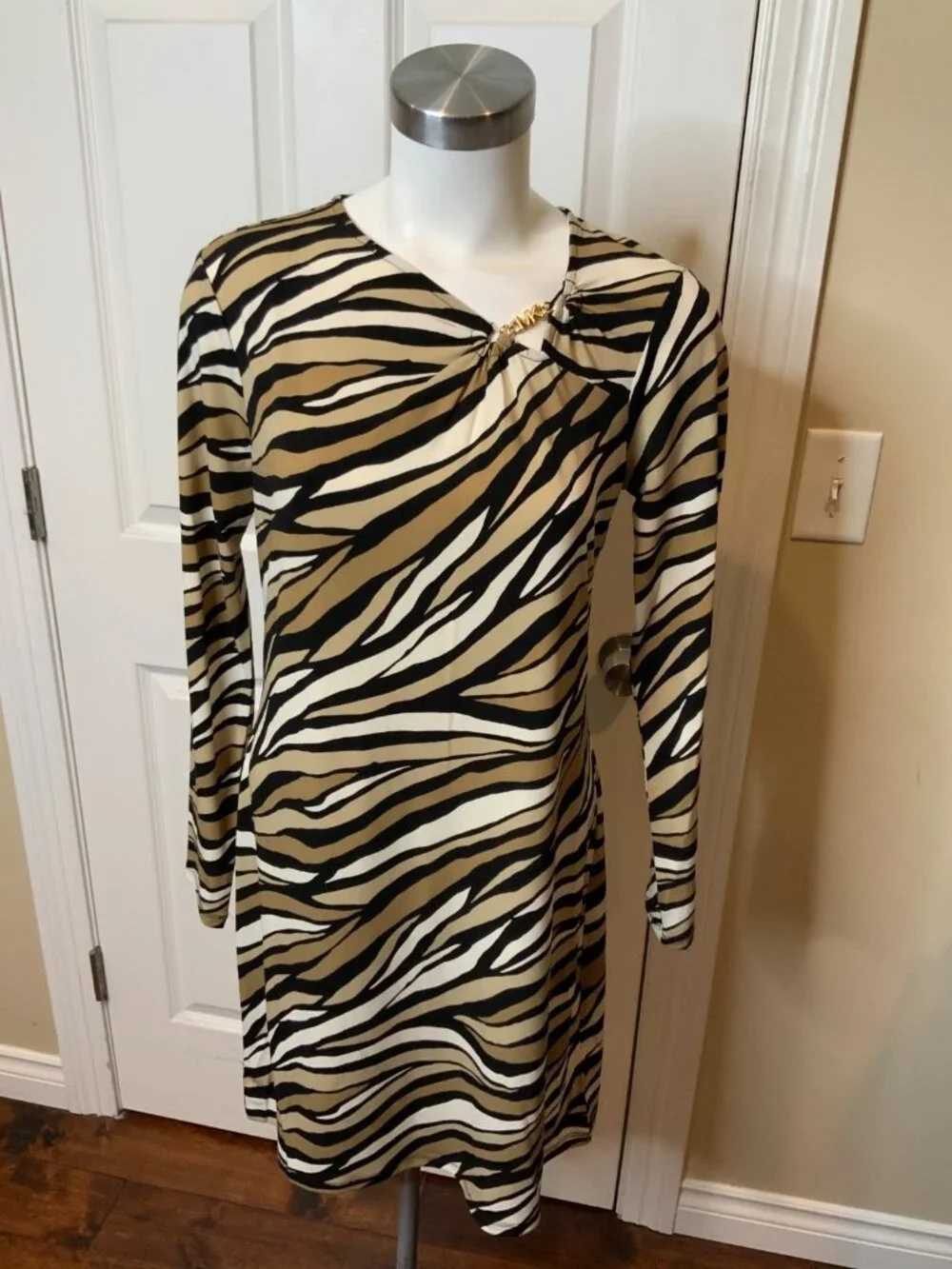 Michael Kors Tan Zebra Striped Gold Logo Dress, Size M